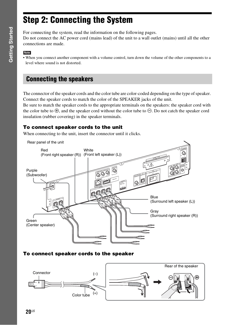 Step 2: connecting the system, Connecting the speakers, E 20) | Gettin g star ted | Sony BDV-T10 User Manual | Page 20 / 119