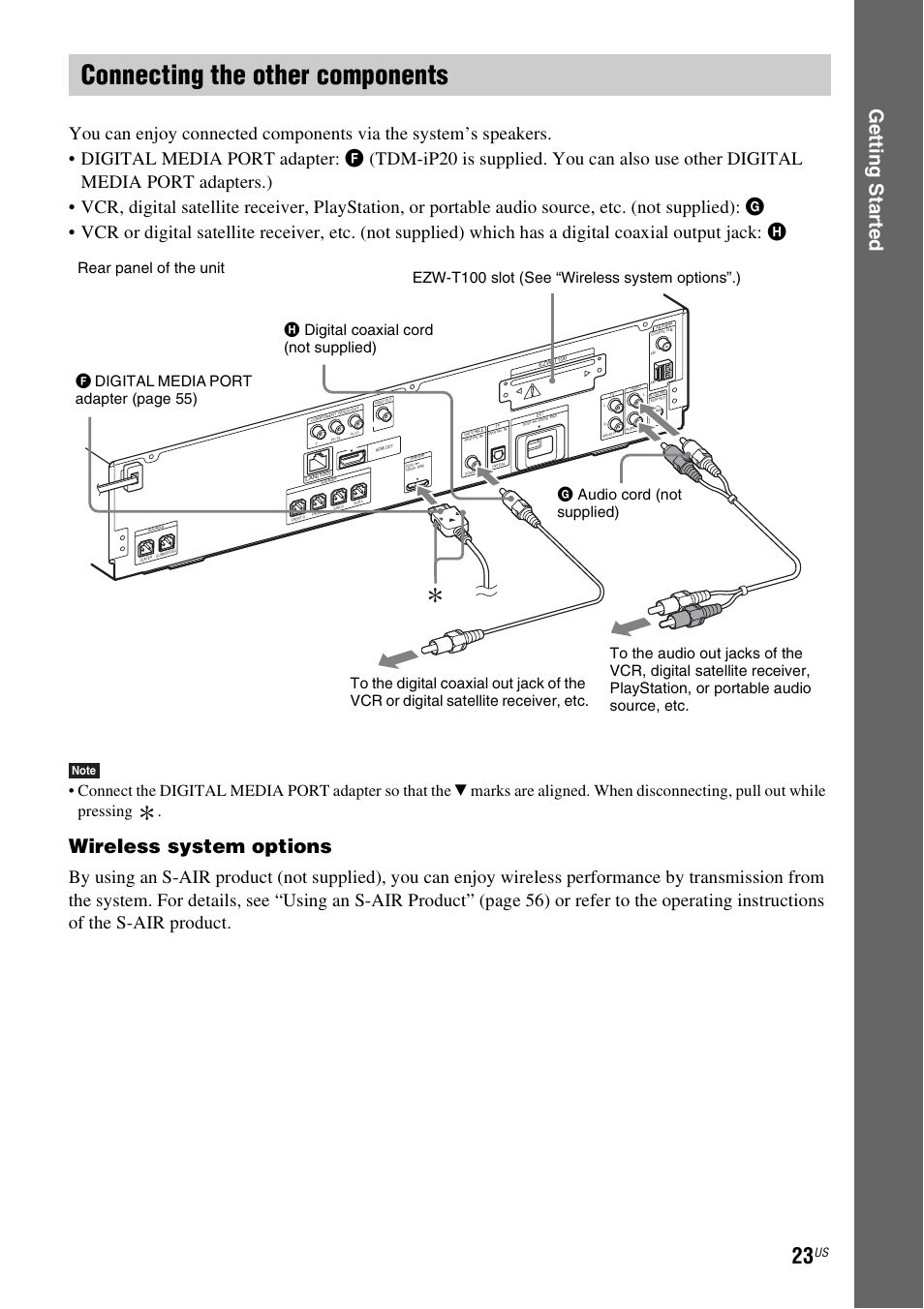 Connecting the other components, E 23), E 23 | Ge tting star te d, Wireless system options | Sony BDV-T10 User Manual | Page 23 / 119