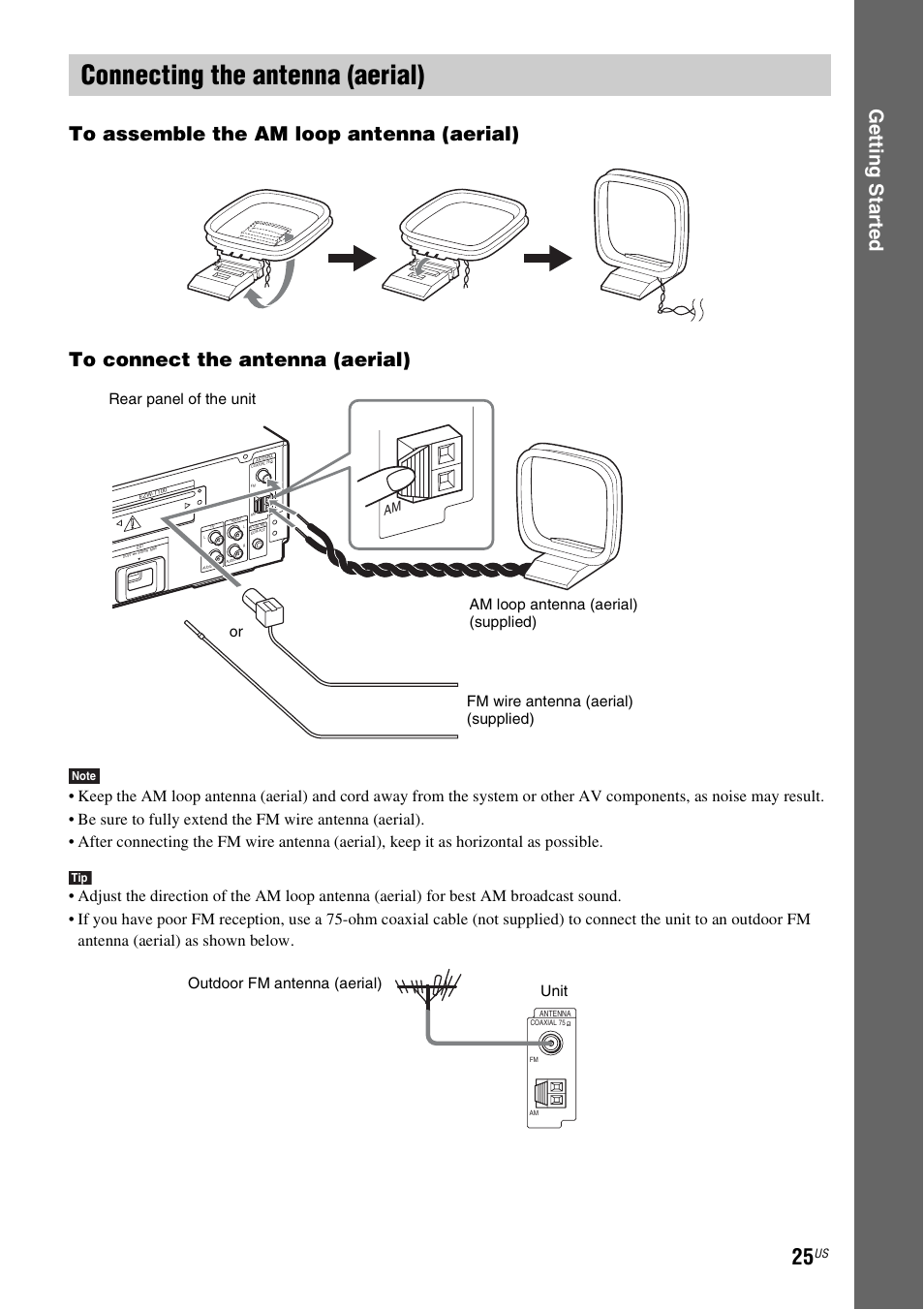 Connecting the antenna (aerial), E 25), Outdoor fm antenna (aerial) unit | Sony BDV-T10 User Manual | Page 25 / 119