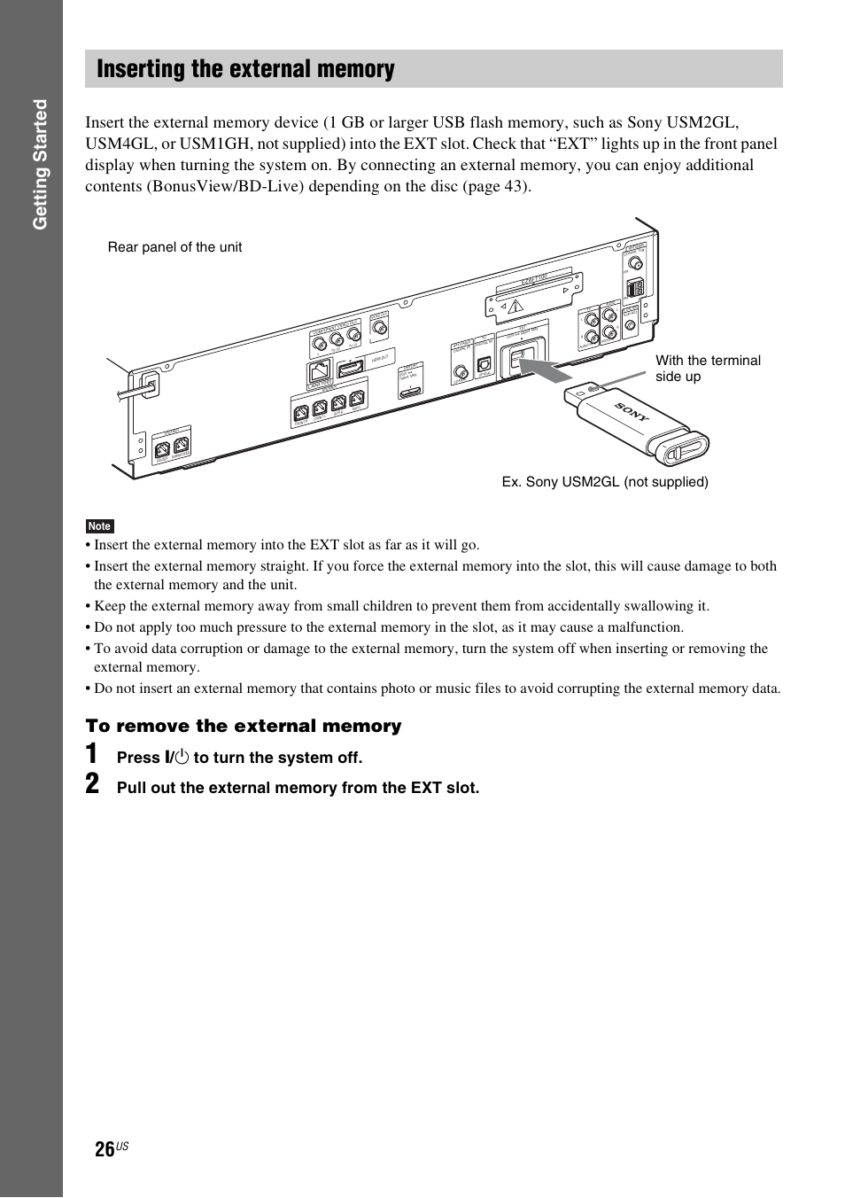 Inserting the external memory, Gettin g star ted, Press " / 1 to turn the system off | Sony BDV-T10 User Manual | Page 26 / 119