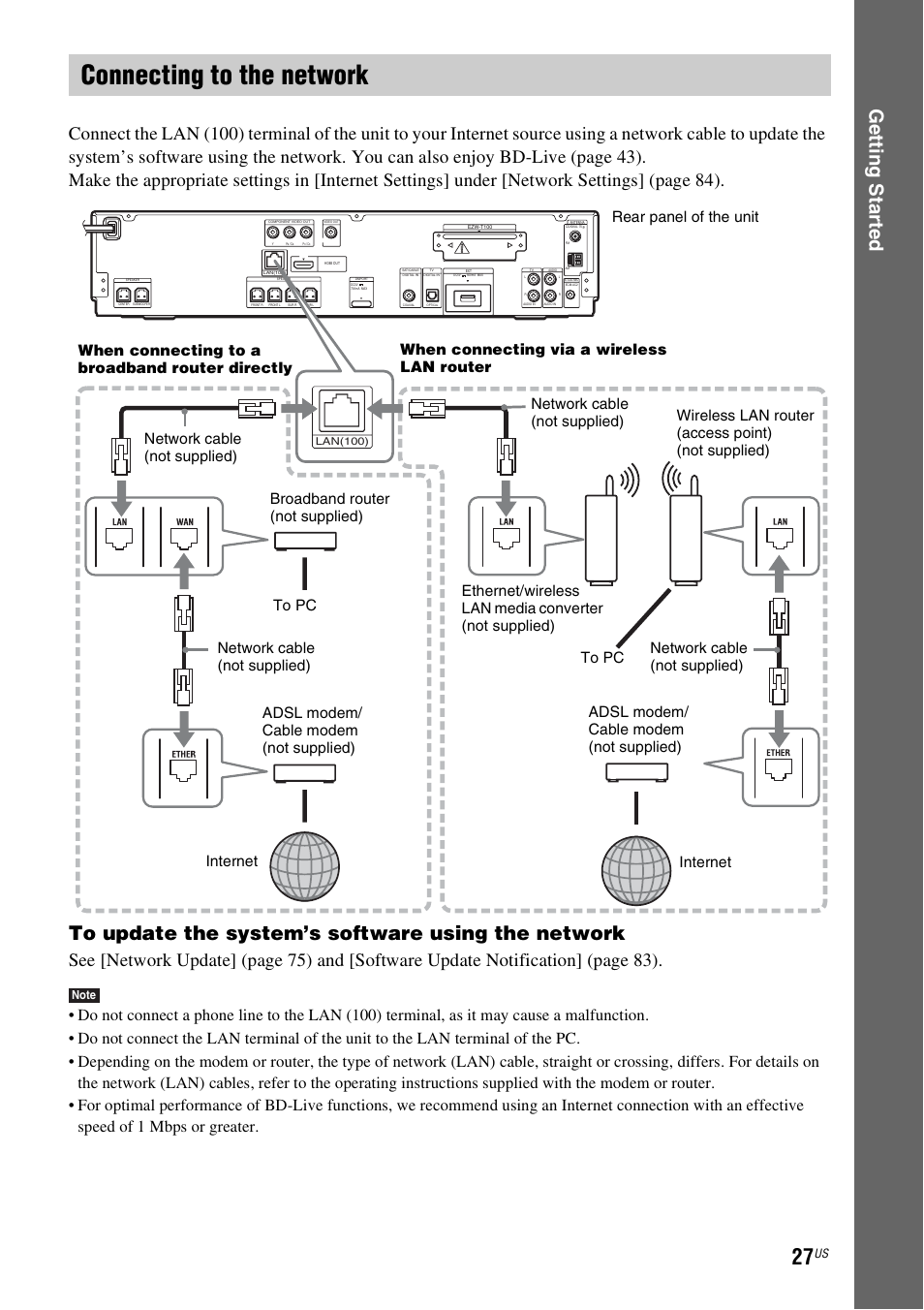 Connecting to the network, E 27), Ge tting star te d | Sony BDV-T10 User Manual | Page 27 / 119