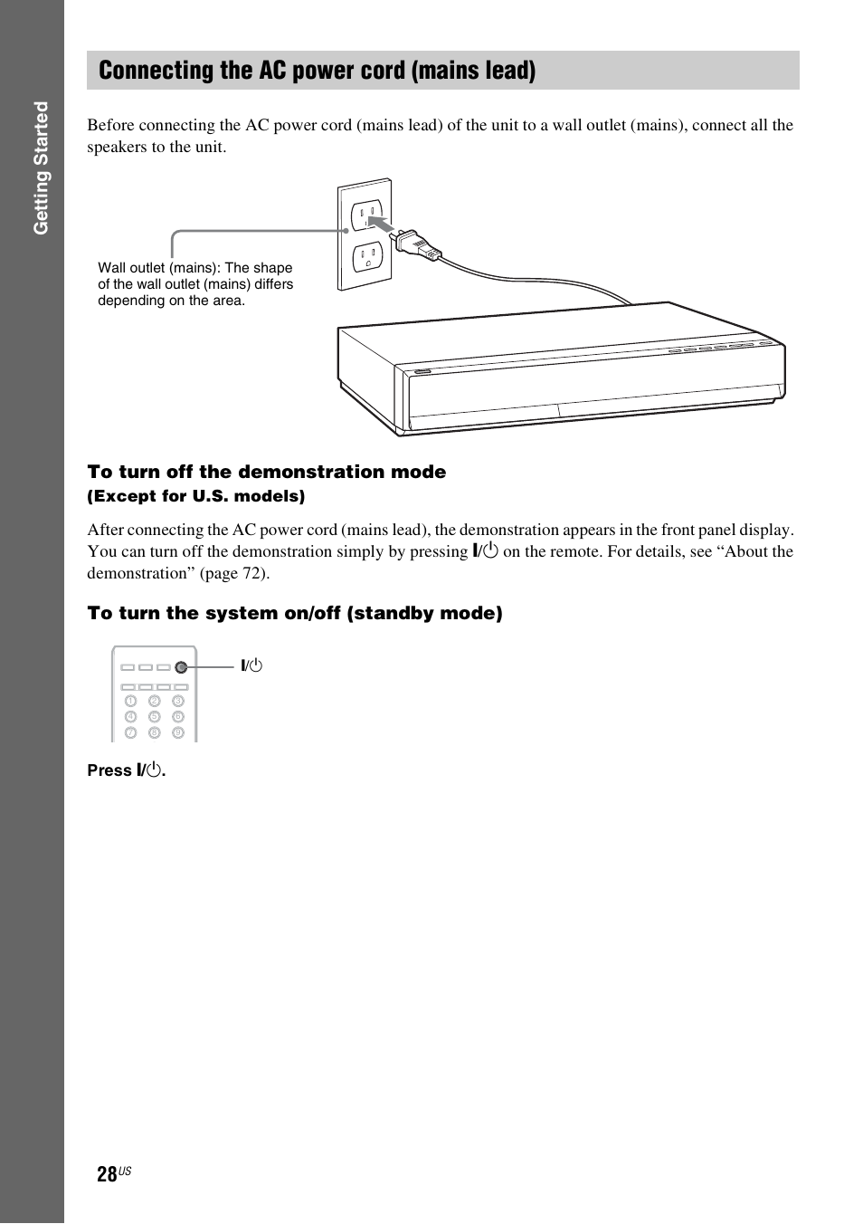 Connecting the ac power cord (mains lead), Gettin g star ted | Sony BDV-T10 User Manual | Page 28 / 119