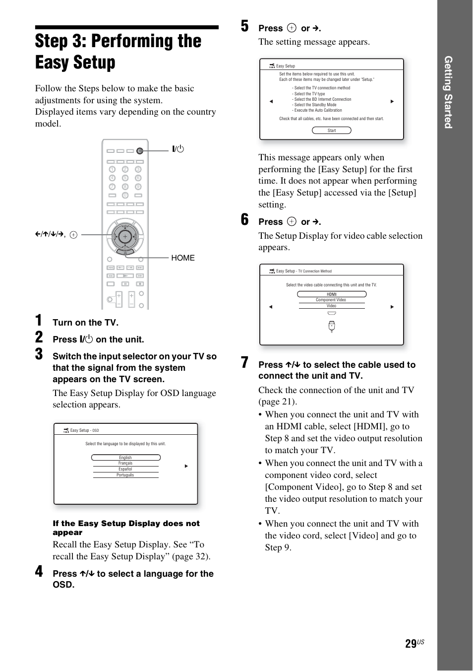 Step 3: performing the easy setup, Step 3: performing the easy, Setup | Es 29, Ge tting star te d | Sony BDV-T10 User Manual | Page 29 / 119