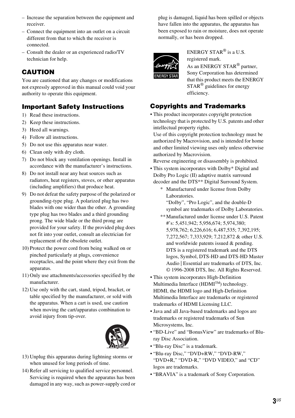 Caution, Important safety instructions, Copyrights and trademarks | Sony BDV-T10 User Manual | Page 3 / 119