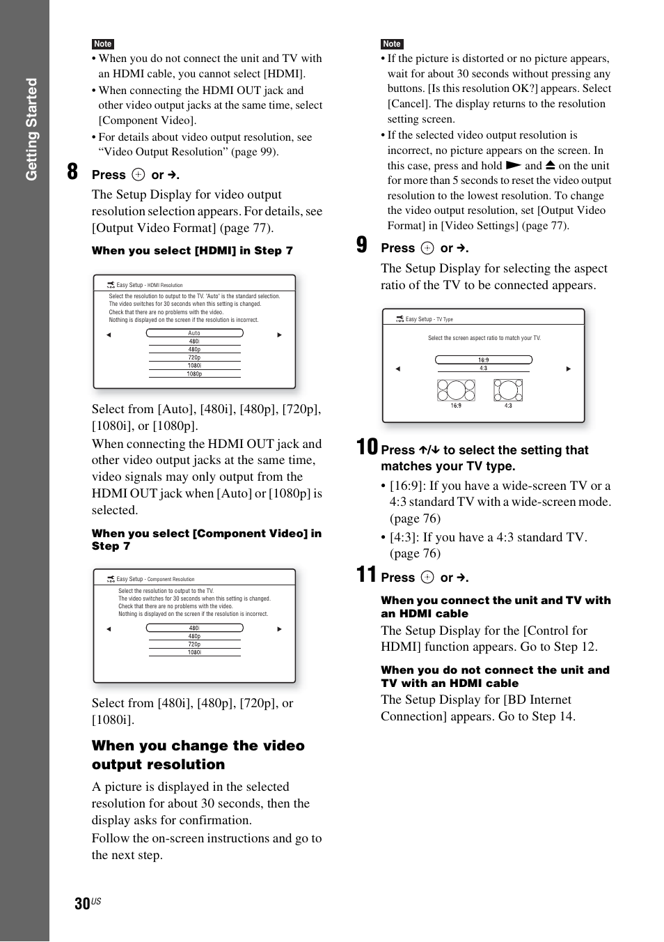 Gettin g star ted, When you change the video output resolution | Sony BDV-T10 User Manual | Page 30 / 119