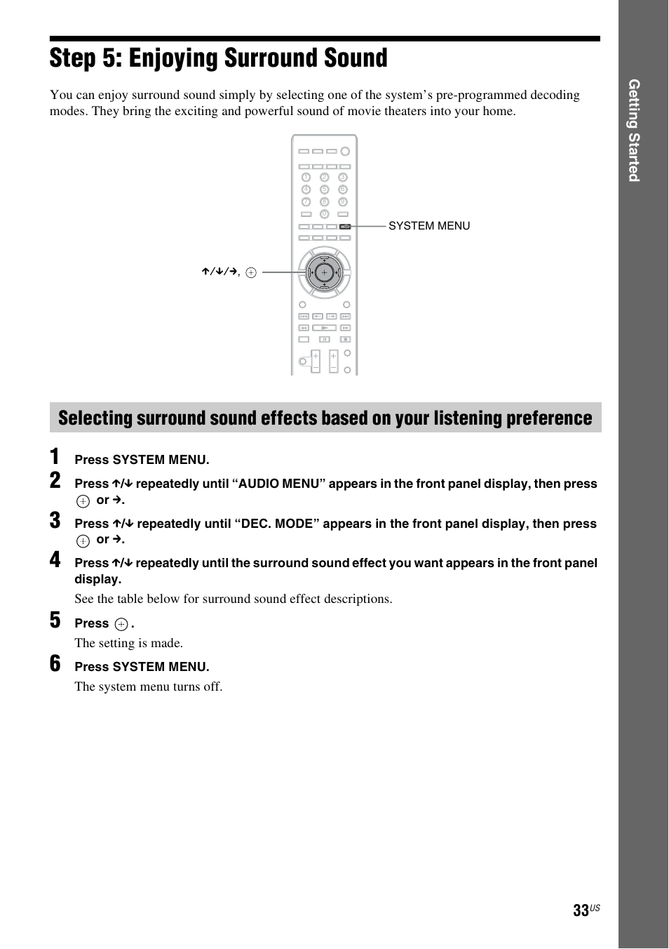 Step 5: enjoying surround sound, Step 5: enjoying surround, Sound | Es 33, E 33) | Sony BDV-T10 User Manual | Page 33 / 119