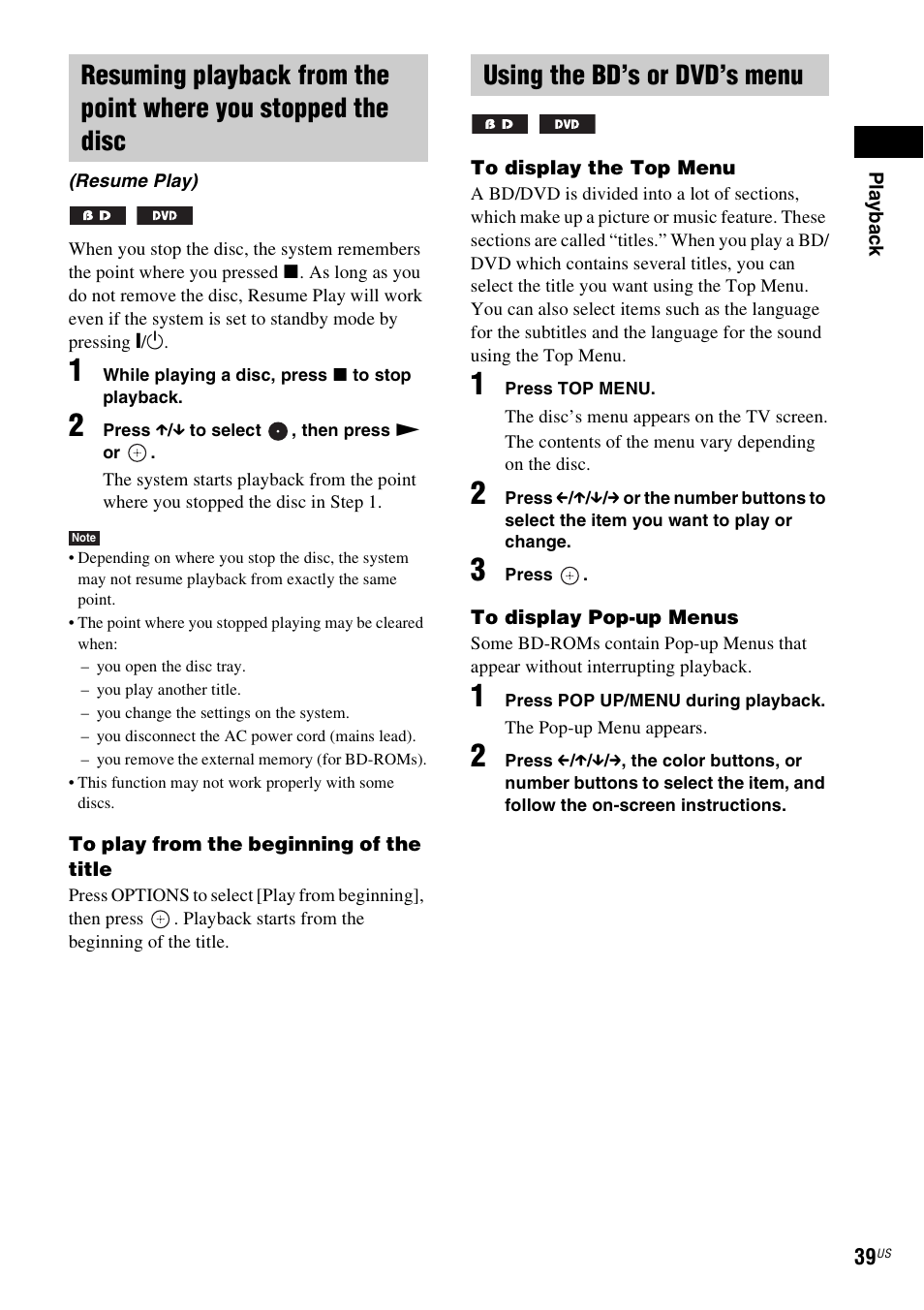 Using the bd’s or dvd’s menu, E 39) | Sony BDV-T10 User Manual | Page 39 / 119