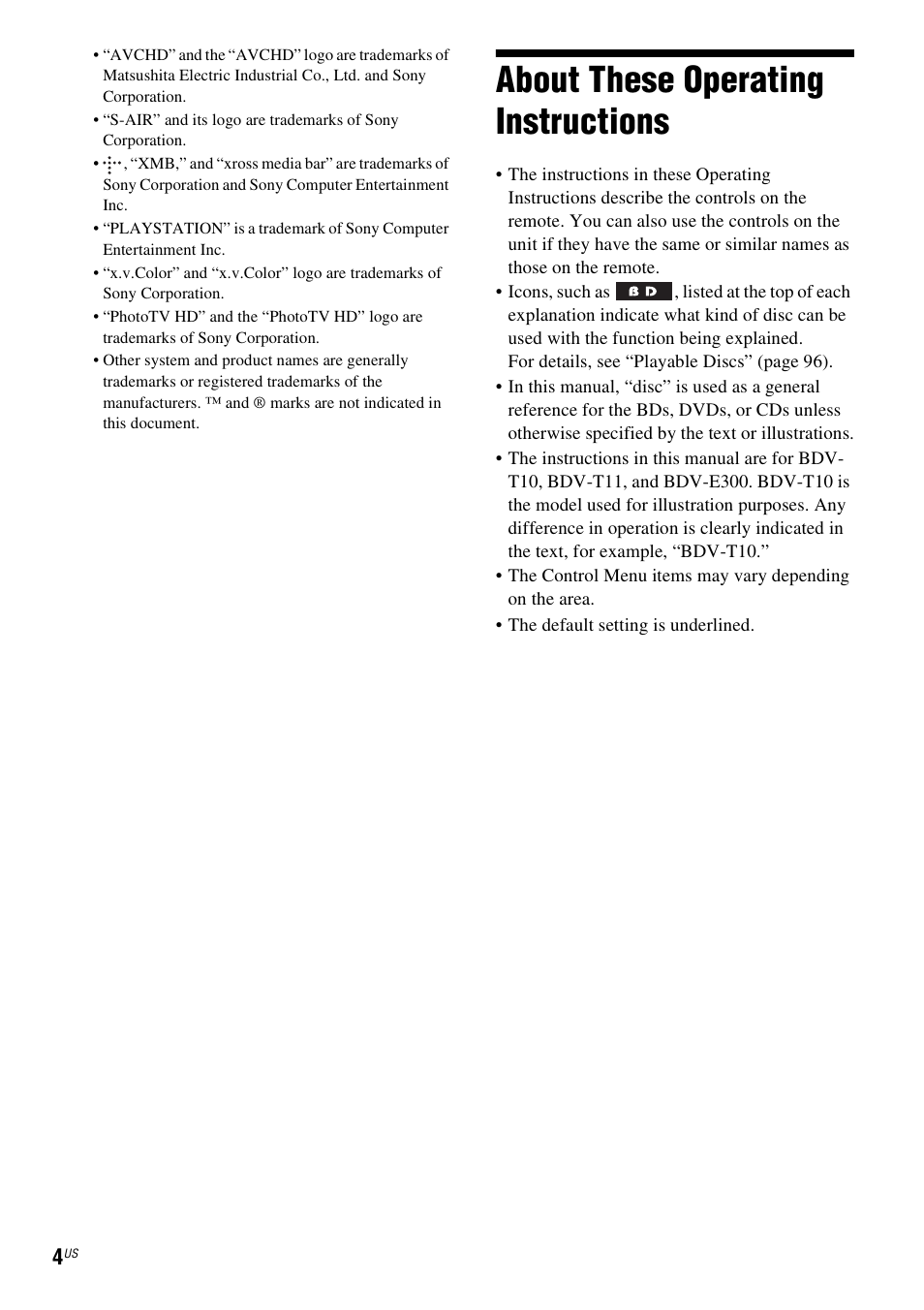 About these operating instructions | Sony BDV-T10 User Manual | Page 4 / 119