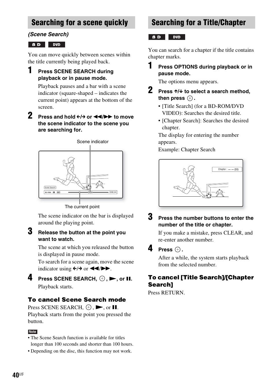 Searching for a scene quickly, Searching for a title/chapter, Es 40 | E 40) | Sony BDV-T10 User Manual | Page 40 / 119