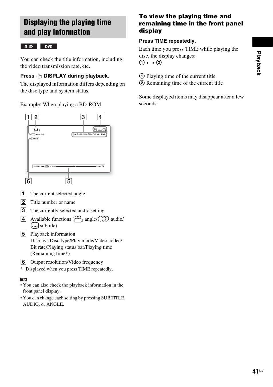 Displaying the playing time and play information, E 41), E 41 | Play b a ck | Sony BDV-T10 User Manual | Page 41 / 119