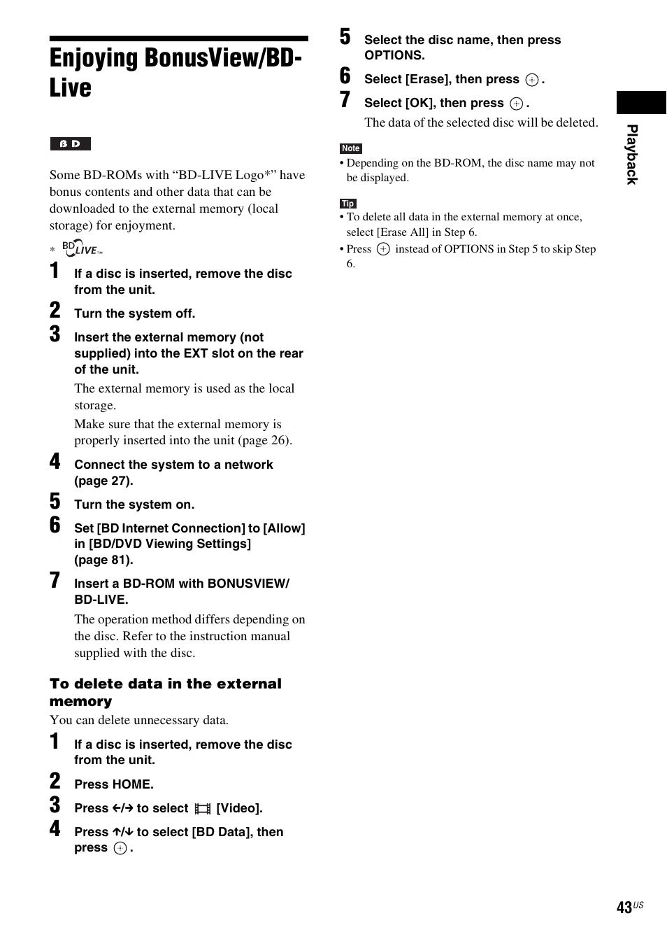 Enjoying bonusview/bd- live, Enjoying bonusview/bd-live | Sony BDV-T10 User Manual | Page 43 / 119