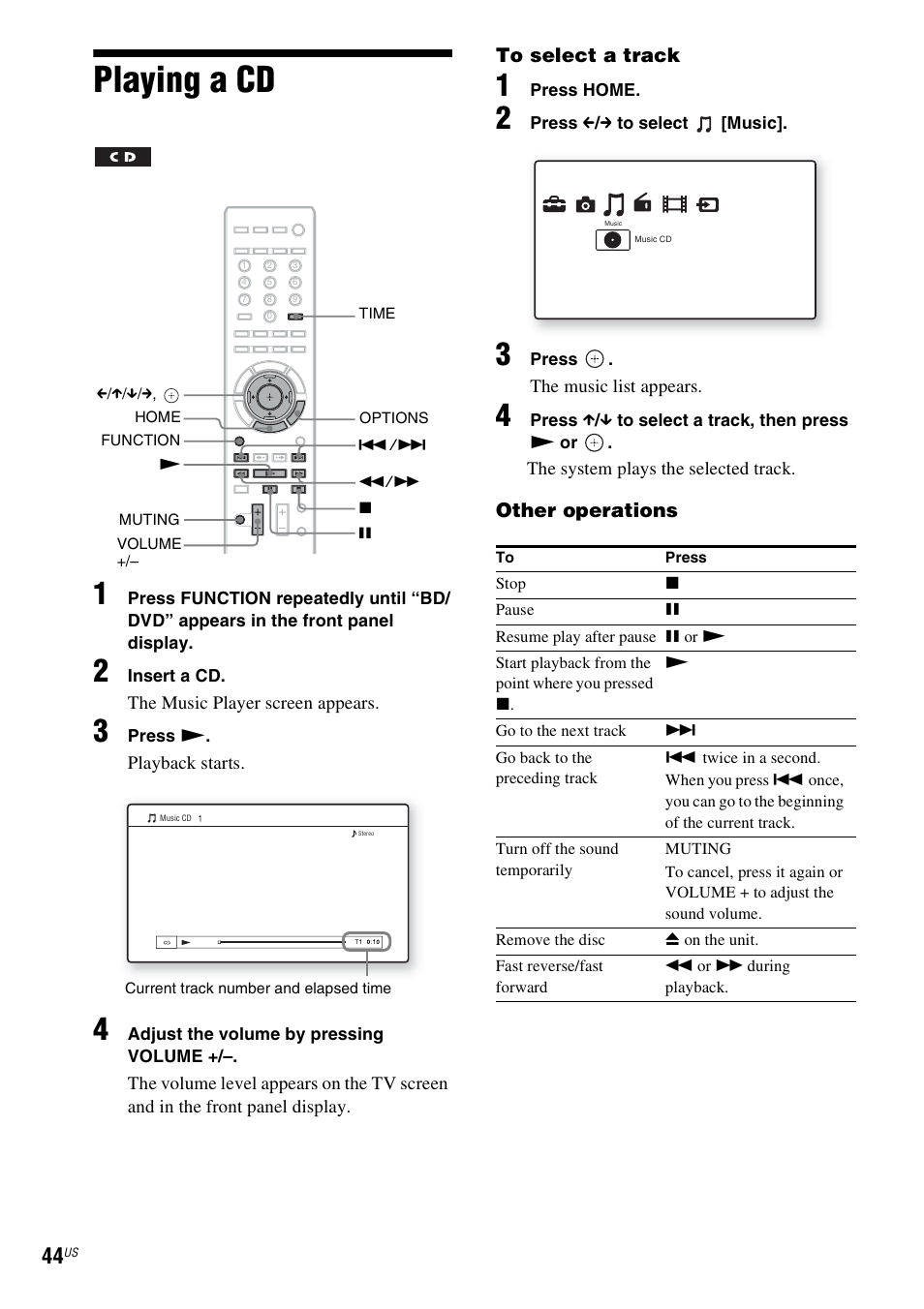 Playing a cd | Sony BDV-T10 User Manual | Page 44 / 119