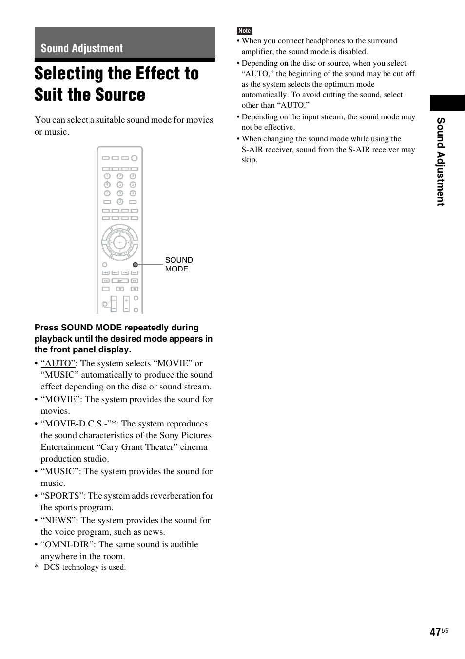 Sound adjustment, Selecting the effect to suit the source, Selecting the effect to suit | The source, Sou nd adj u stm e nt | Sony BDV-T10 User Manual | Page 47 / 119