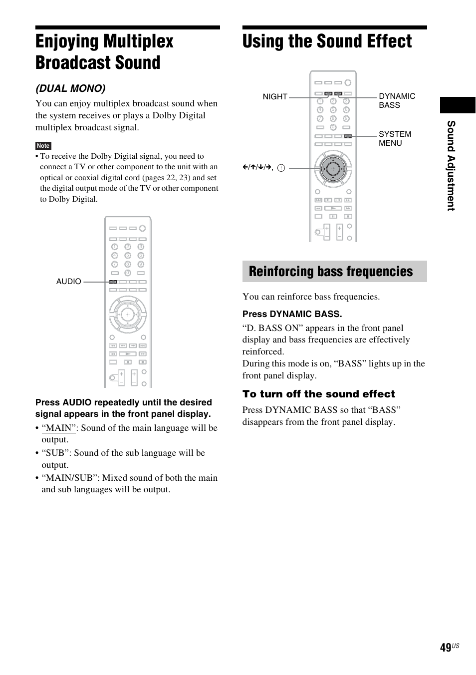 Enjoying multiplex broadcast sound, Using the sound effect, Reinforcing bass frequencies | Enjoying multiplex broadcast, Sound, Sou nd adj u stm e nt, Dual mono), You can reinforce bass frequencies | Sony BDV-T10 User Manual | Page 49 / 119