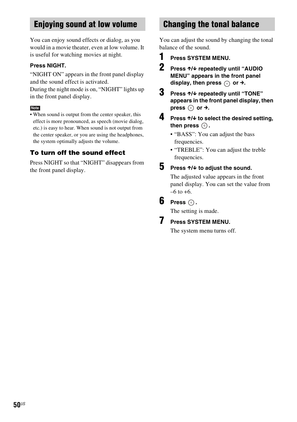 Enjoying sound at low volume, Changing the tonal balance, E 50) | Sony BDV-T10 User Manual | Page 50 / 119