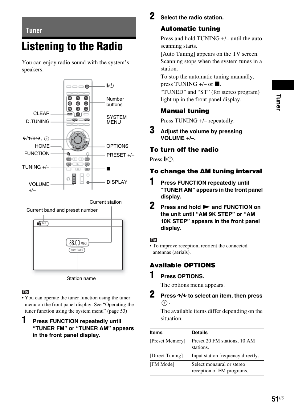 Tuner, Listening to the radio, E 51) | Sony BDV-T10 User Manual | Page 51 / 119