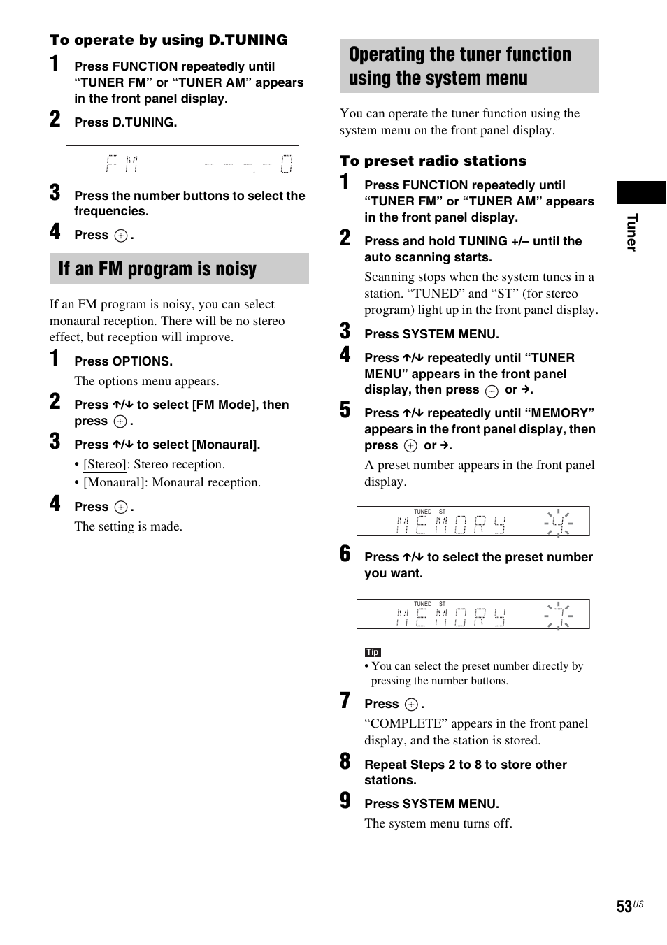 If an fm program is noisy, Operating the tuner function using the system menu, E 53) | Sony BDV-T10 User Manual | Page 53 / 119