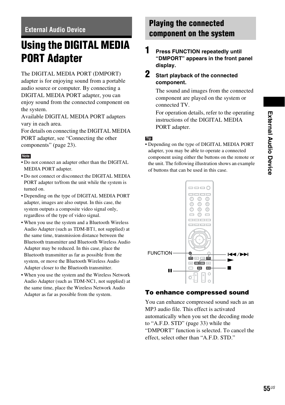 External audio device, Using the digital media port adapter, Playing the connected component on the system | Using the digital media port, Adapter | Sony BDV-T10 User Manual | Page 55 / 119