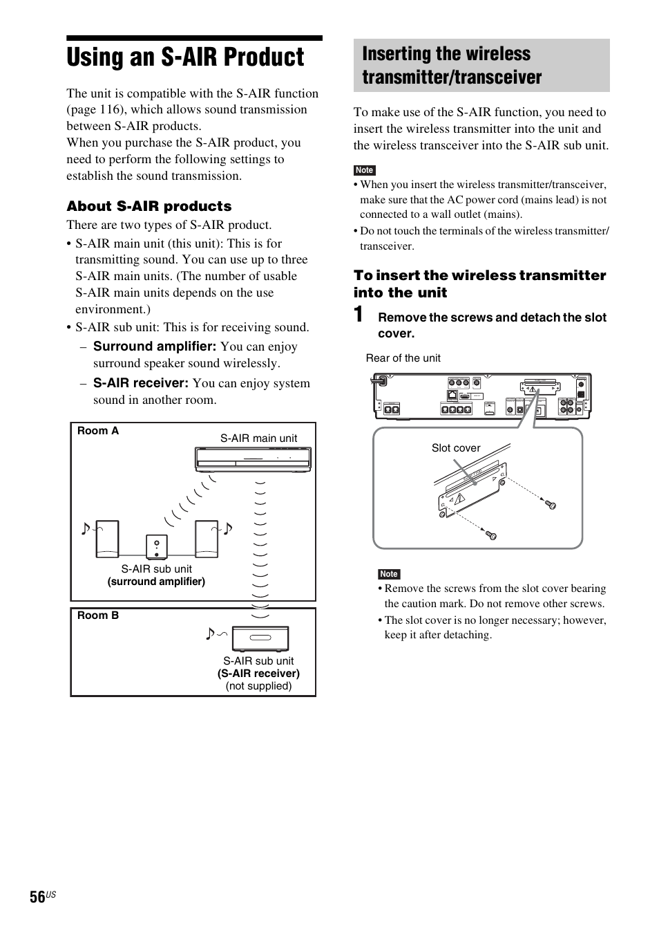 Using an s-air product, Inserting the wireless transmitter/transceiver, E 56) | About s-air products, Remove the screws and detach the slot cover, Rear of the unit slot cover, Coaxial optical | Sony BDV-T10 User Manual | Page 56 / 119