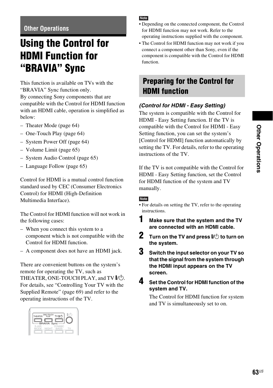 Other operations, Preparing for the control for hdmi function, Using the control for hdmi function for | Bravia” sync | Sony BDV-T10 User Manual | Page 63 / 119