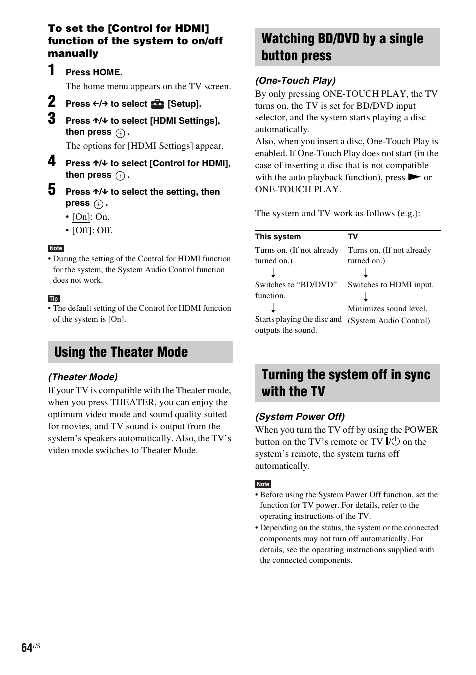 Using the theater mode, Watching bd/dvd by a single button press, Turning the system off in sync with the tv | Sony BDV-T10 User Manual | Page 64 / 119