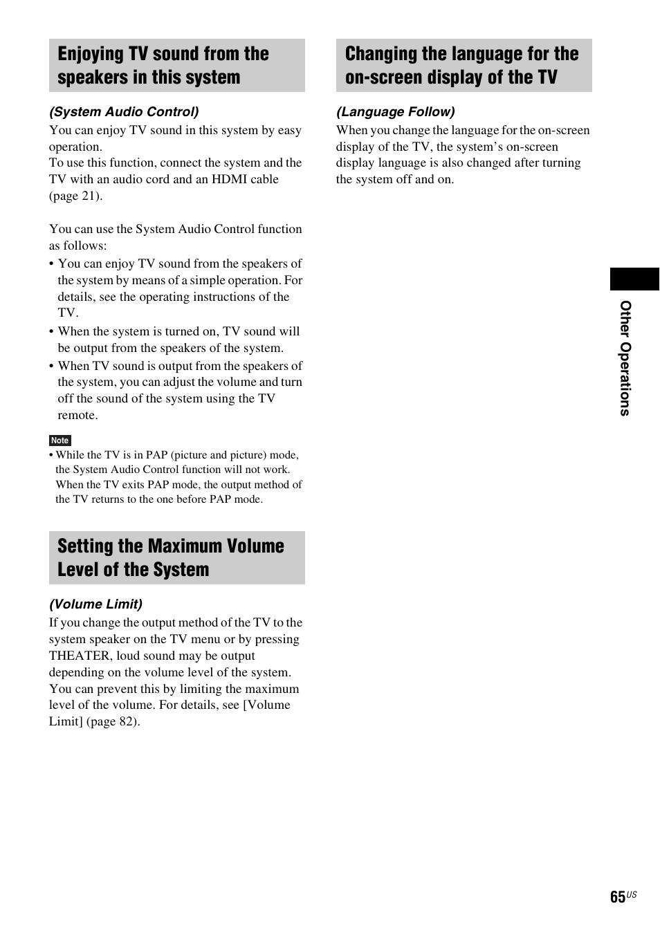 Enjoying tv sound from the speakers in this system, Setting the maximum volume level of the system | Sony BDV-T10 User Manual | Page 65 / 119