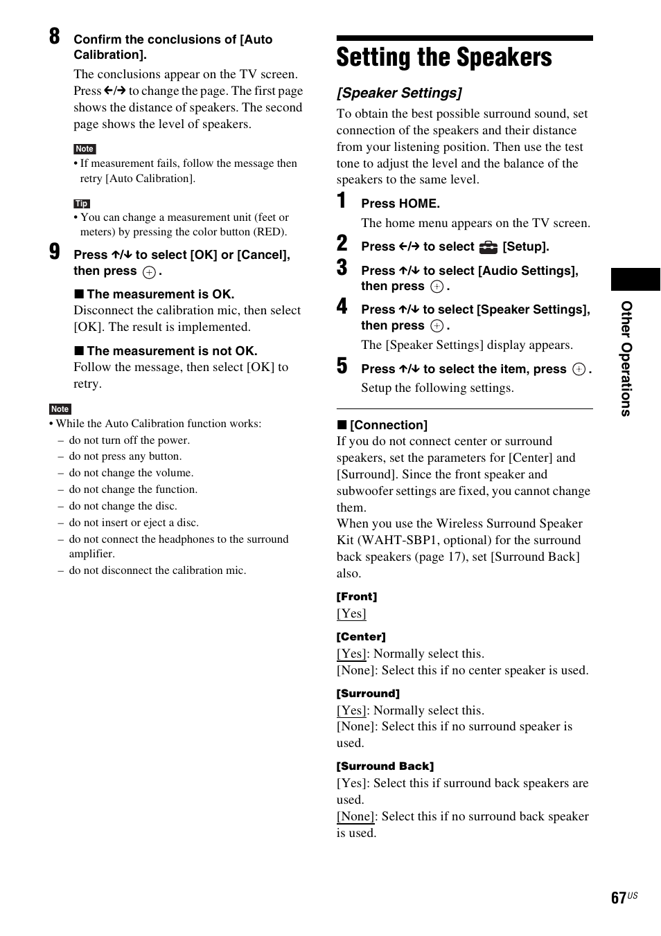 Setting the speakers | Sony BDV-T10 User Manual | Page 67 / 119