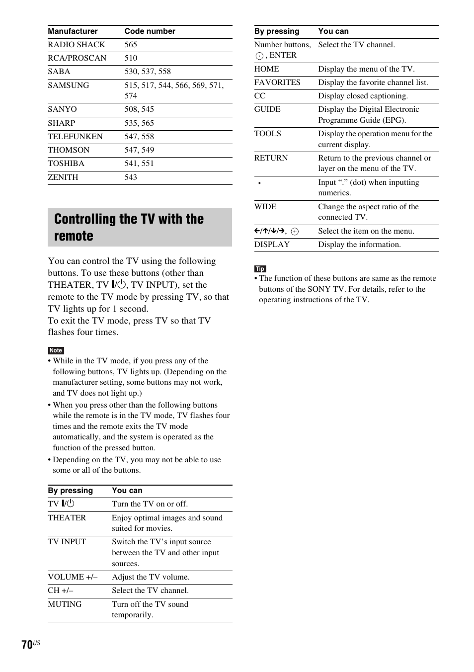 Controlling the tv with the remote | Sony BDV-T10 User Manual | Page 70 / 119