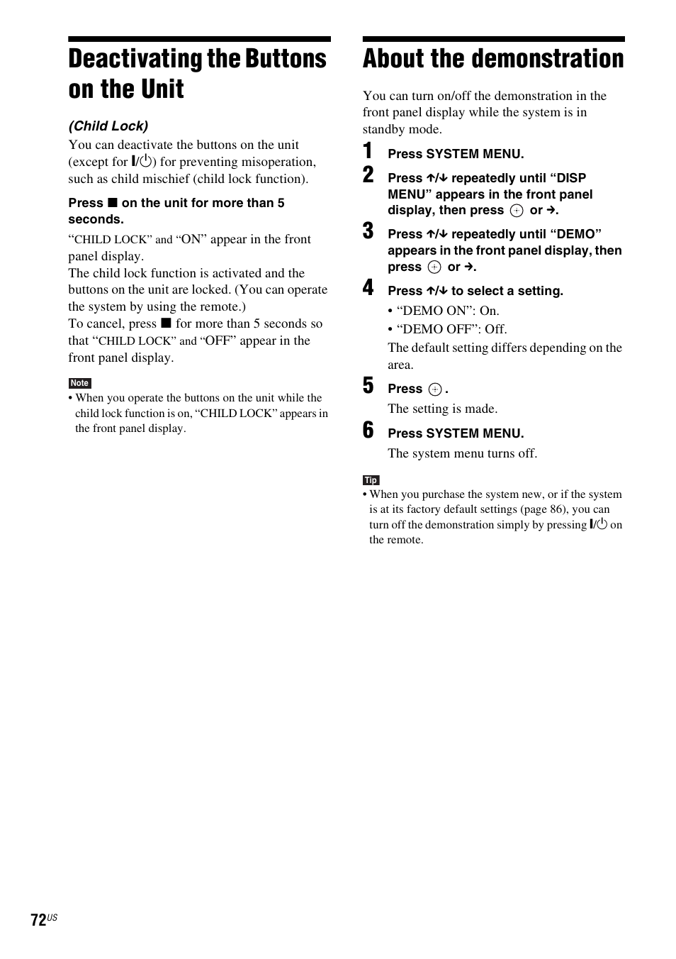 Deactivating the buttons on the unit, About the demonstration | Sony BDV-T10 User Manual | Page 72 / 119