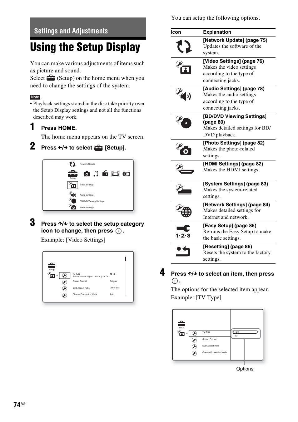 Settings and adjustments, Using the setup display, The home menu appears on the tv screen | Sony BDV-T10 User Manual | Page 74 / 119