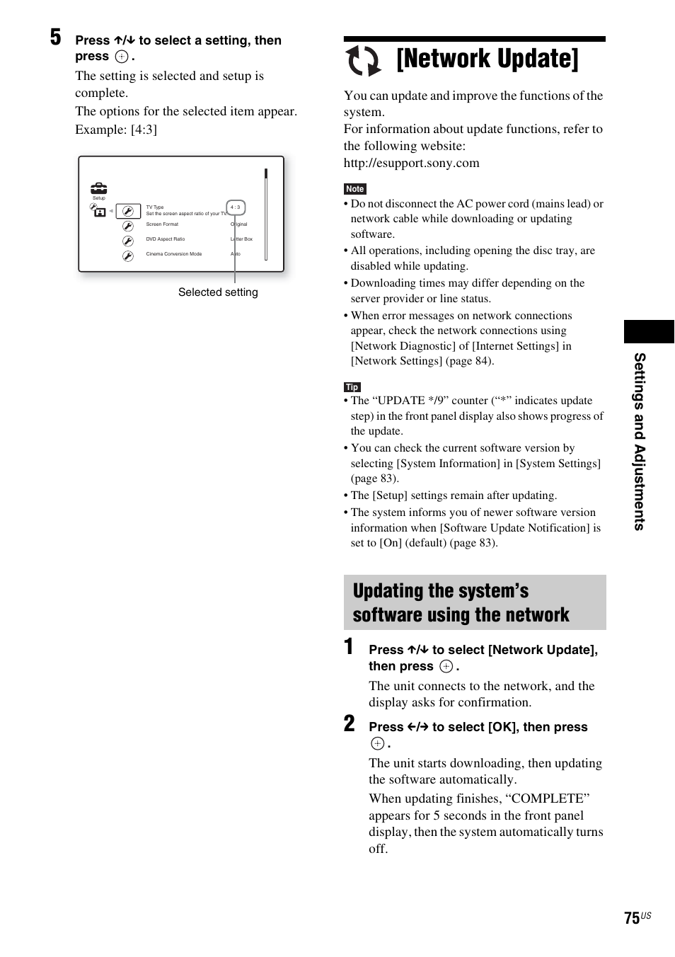 Network update, Updating the system’s software using the network, Se ttings and adjus tme nts | Sony BDV-T10 User Manual | Page 75 / 119