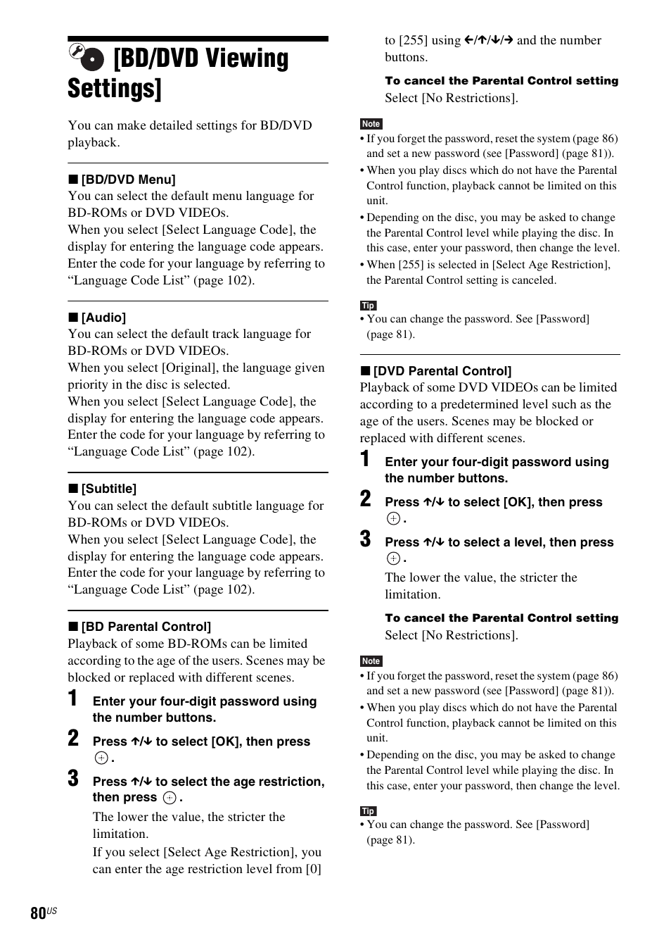 Bd/dvd viewing settings | Sony BDV-T10 User Manual | Page 80 / 119