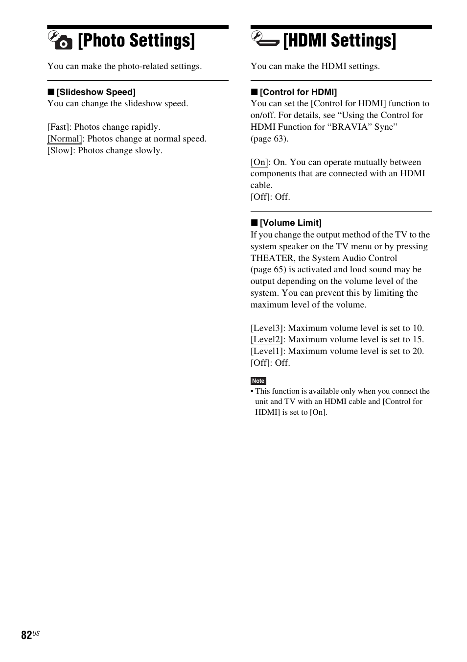 Photo settings, Hdmi settings, Photo settings] [hdmi settings | Sony BDV-T10 User Manual | Page 82 / 119