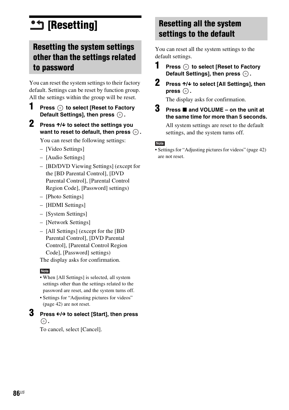 Resetting, Resetting all the system settings to the default | Sony BDV-T10 User Manual | Page 86 / 119