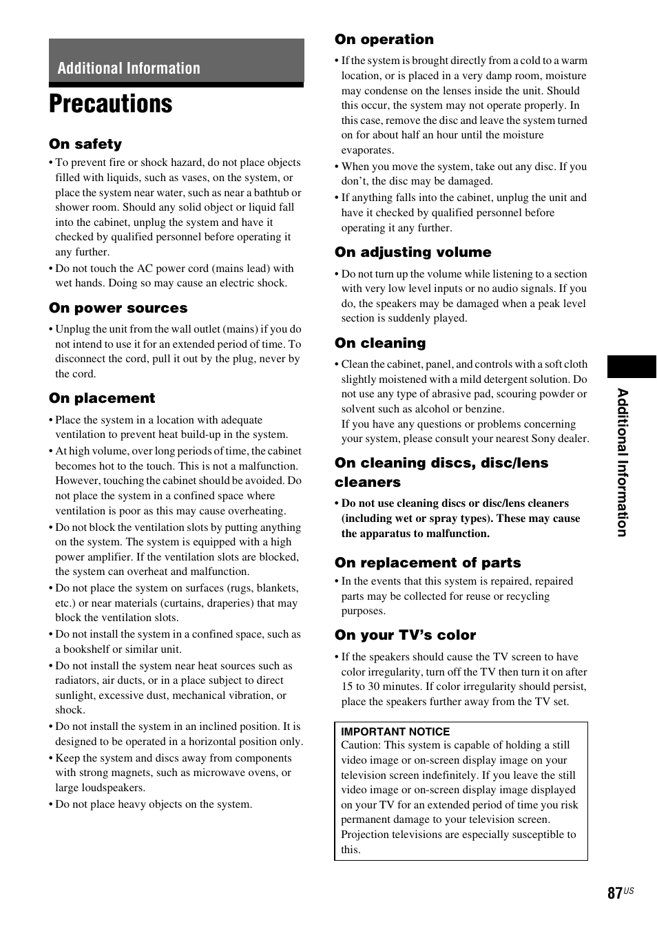 Additional information, Precautions | Sony BDV-T10 User Manual | Page 87 / 119