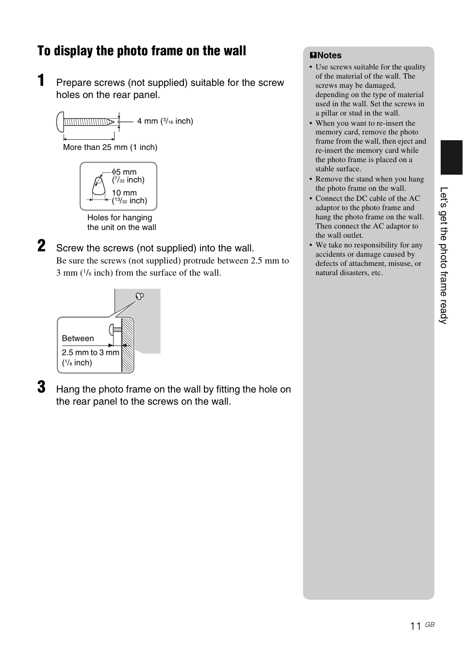 To display the photo frame on the wall | Sony S-FRAME DPF-A710/A700 User Manual | Page 11 / 28
