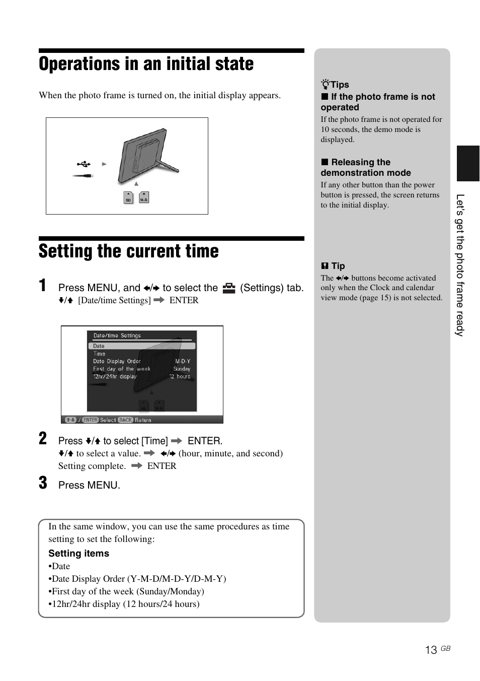 Operations in an initial state, Setting the current time | Sony S-FRAME DPF-A710/A700 User Manual | Page 13 / 28