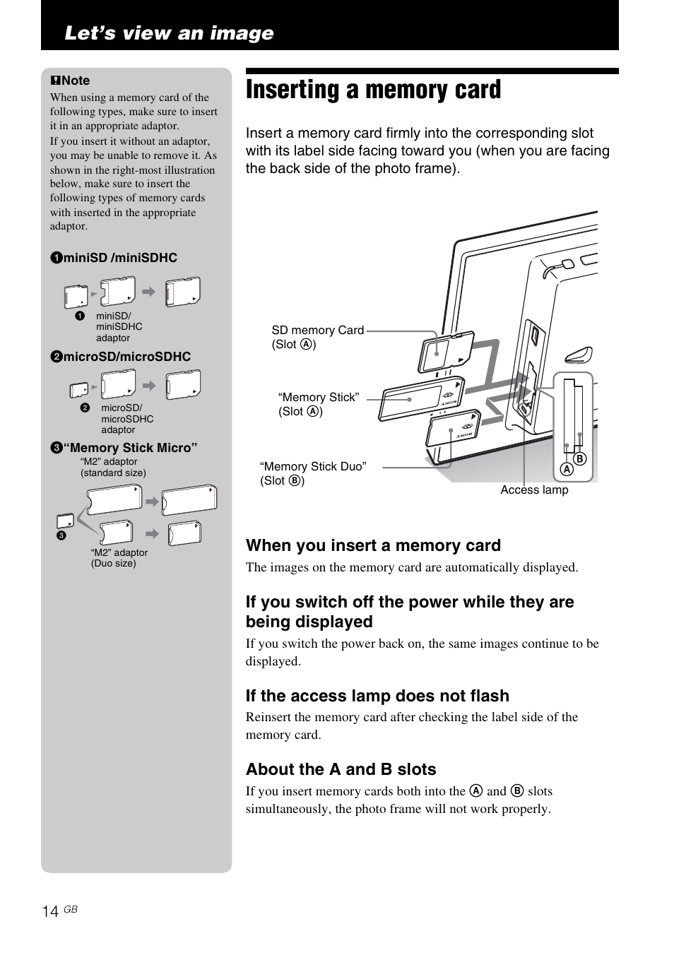 Let’s view an image, Inserting a memory card, If the access lamp does not flash | About the a and b slots | Sony S-FRAME DPF-A710/A700 User Manual | Page 14 / 28
