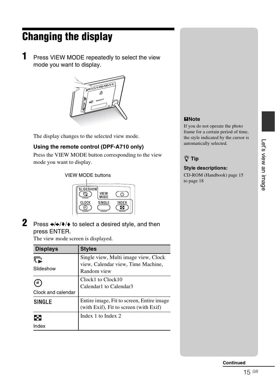 Changing the display | Sony S-FRAME DPF-A710/A700 User Manual | Page 15 / 28