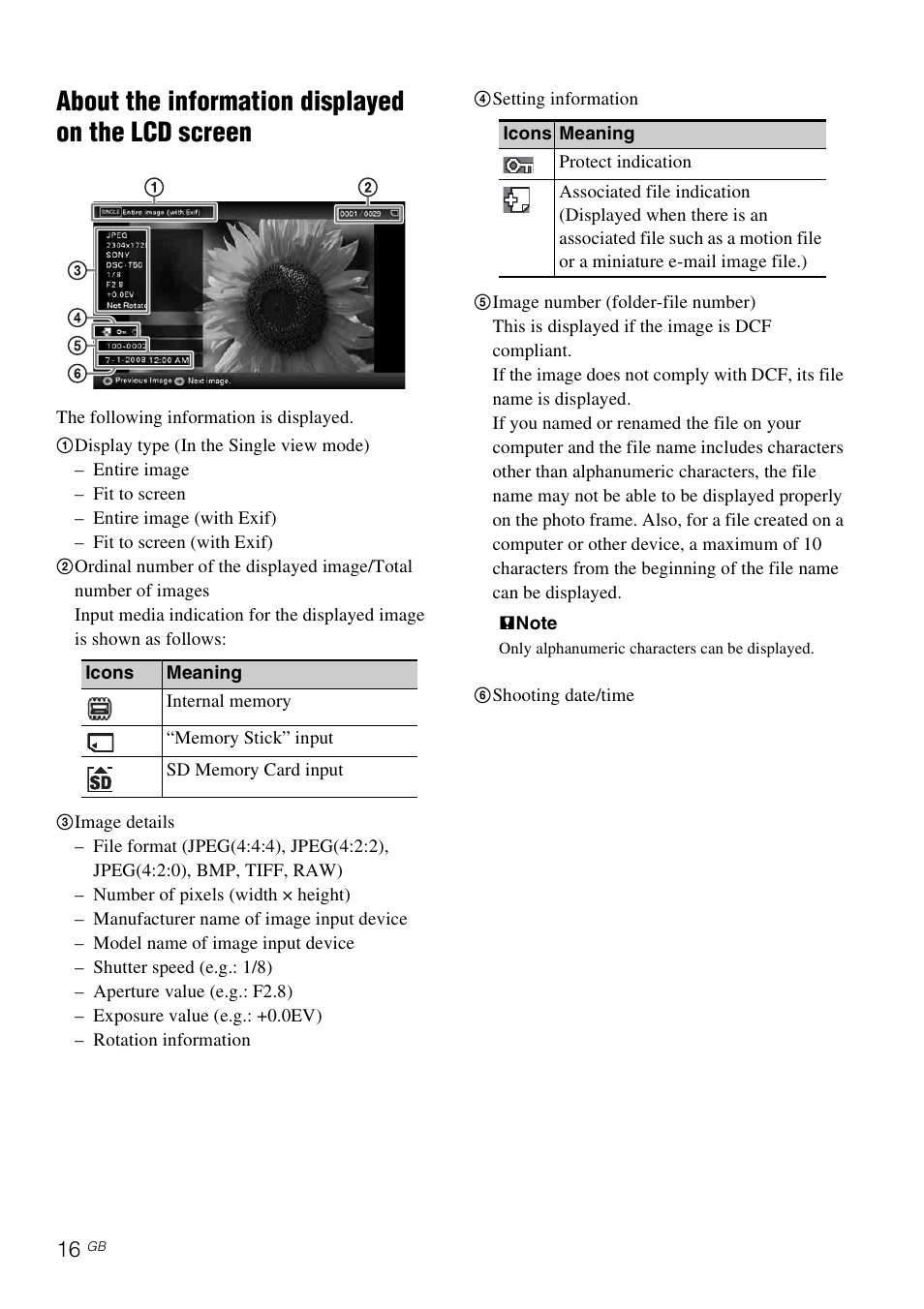 About the information displayed on the lcd screen | Sony S-FRAME DPF-A710/A700 User Manual | Page 16 / 28