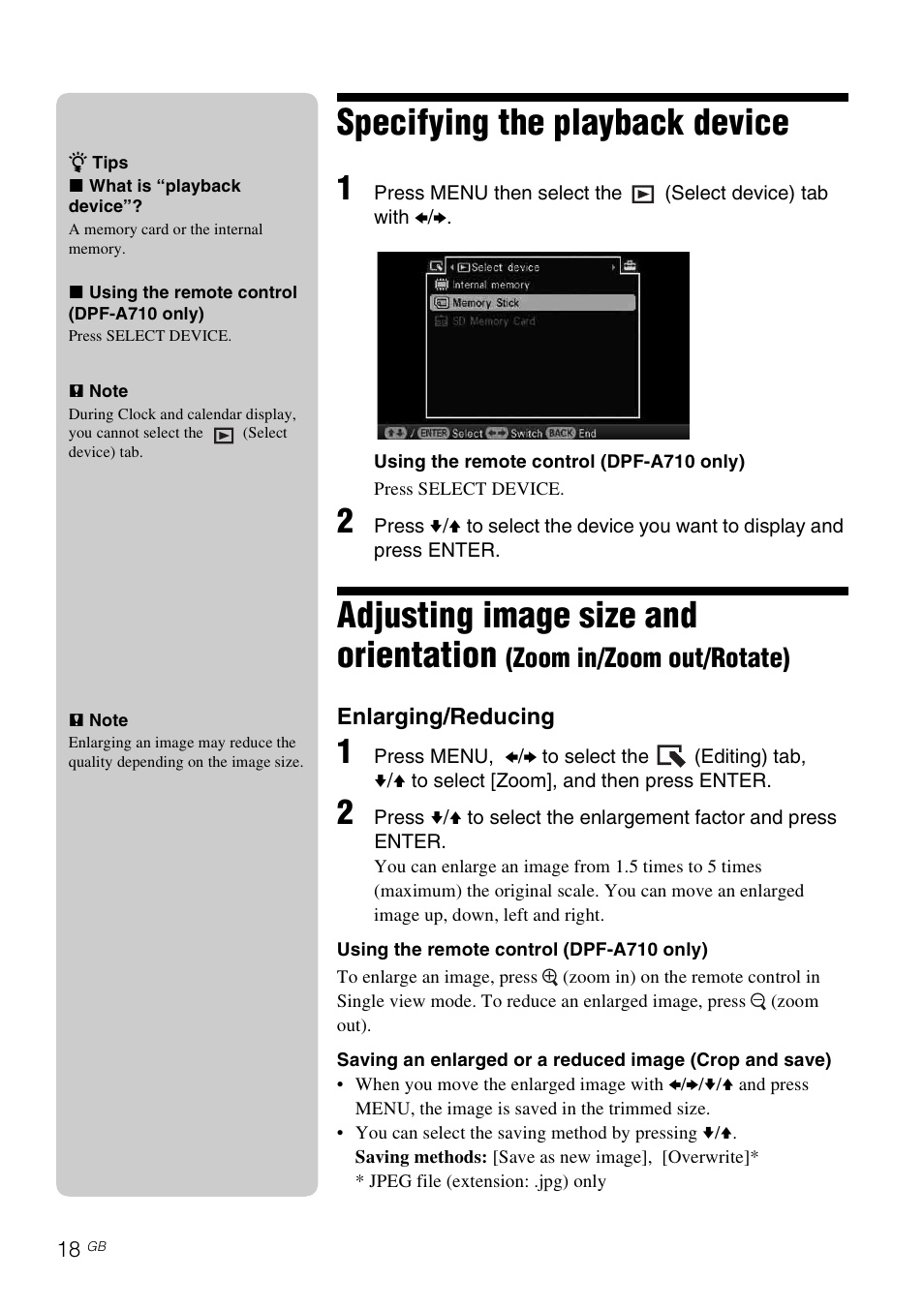 Specifying the playback device, Adjusting image size and orientation, Zoom in/zoom out/rotate) | Sony S-FRAME DPF-A710/A700 User Manual | Page 18 / 28