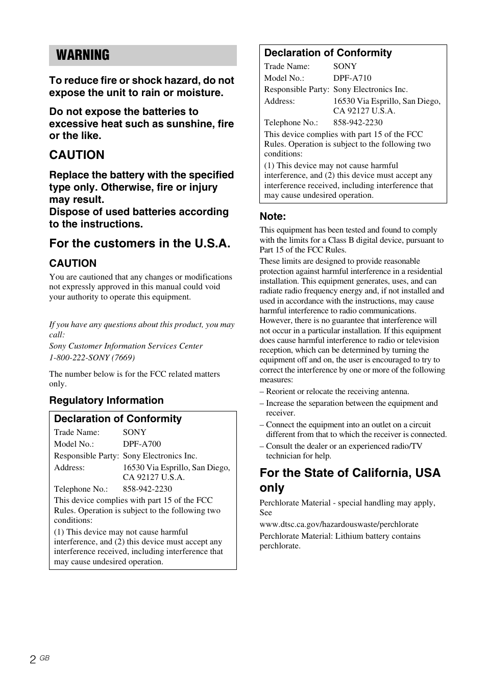 Warning, Caution, For the customers in the u.s.a | For the state of california, usa only | Sony S-FRAME DPF-A710/A700 User Manual | Page 2 / 28