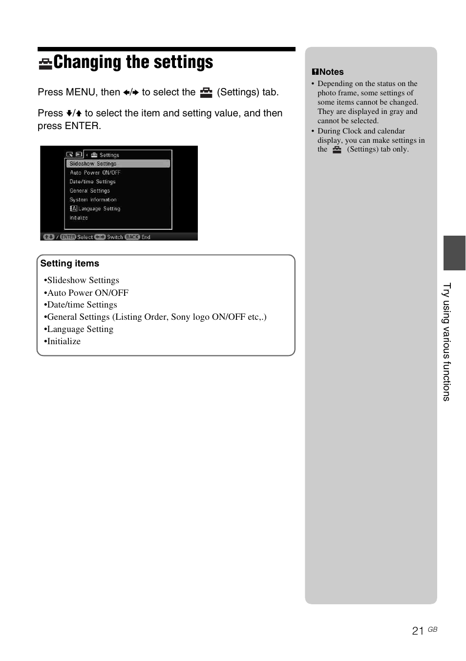 Changing the settings | Sony S-FRAME DPF-A710/A700 User Manual | Page 21 / 28