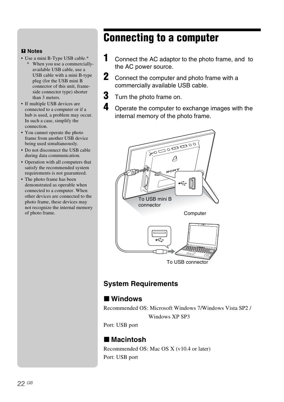 Connecting to a computer | Sony S-FRAME DPF-A710/A700 User Manual | Page 22 / 28