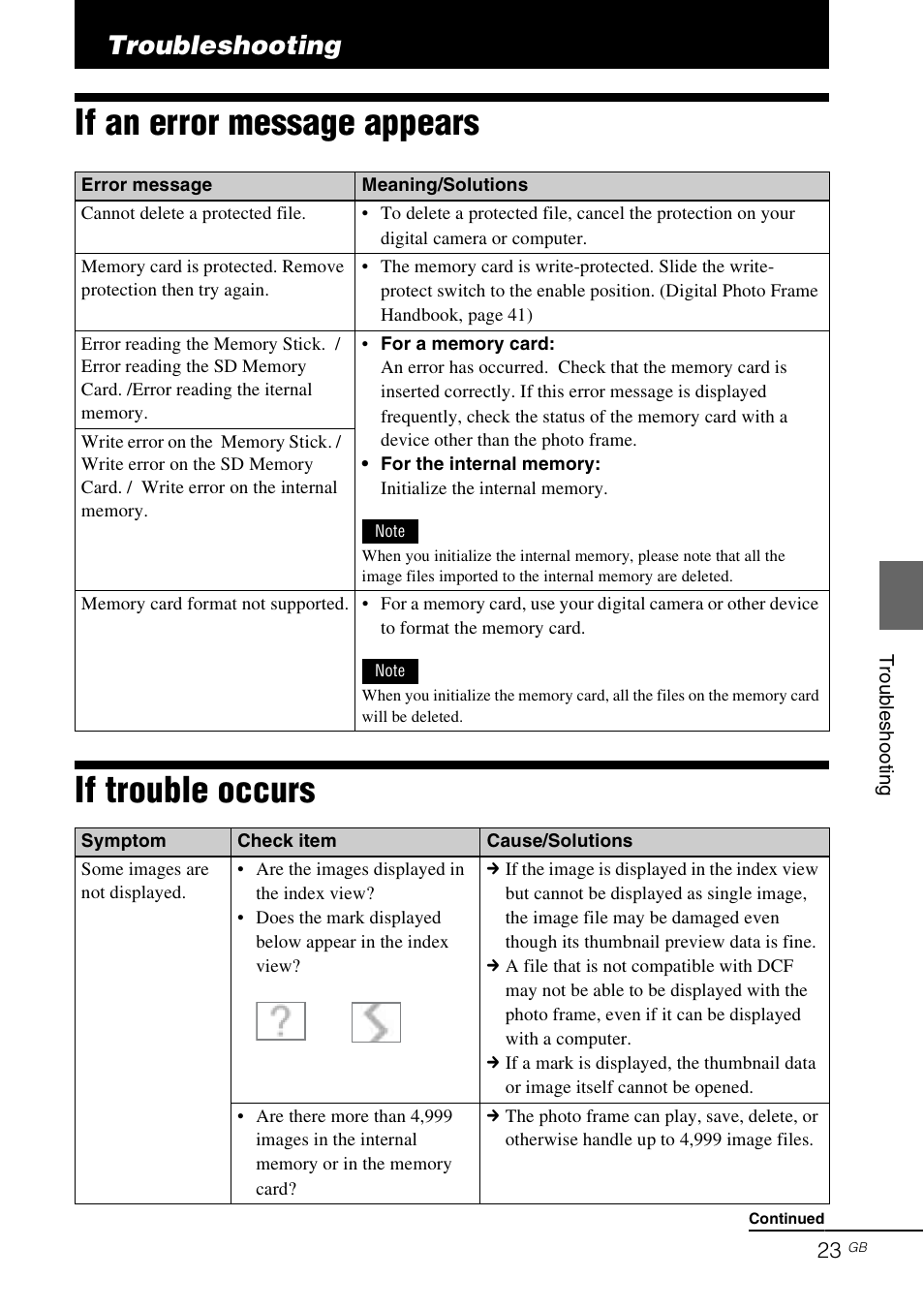 Troubleshooting, If an error message appears, If trouble occurs | If an error message appears if trouble occurs | Sony S-FRAME DPF-A710/A700 User Manual | Page 23 / 28