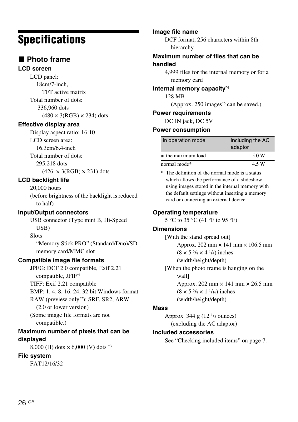 Specifications, X photo frame | Sony S-FRAME DPF-A710/A700 User Manual | Page 26 / 28