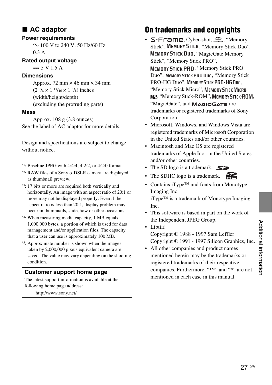 On trademarks and copyrights, X ac adaptor | Sony S-FRAME DPF-A710/A700 User Manual | Page 27 / 28