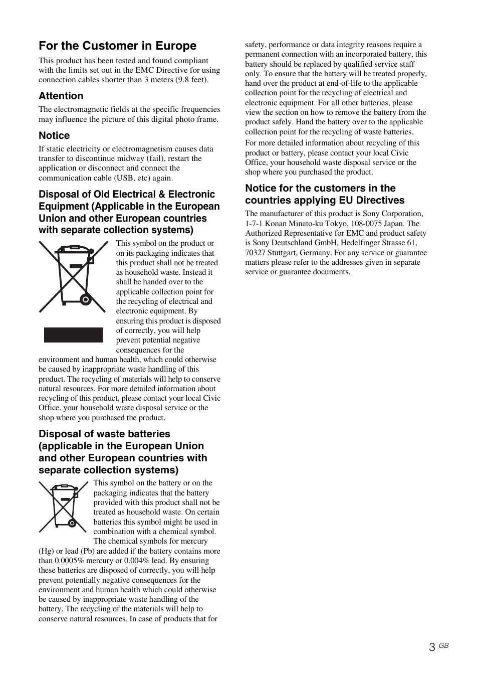 For the customer in europe | Sony S-FRAME DPF-A710/A700 User Manual | Page 3 / 28