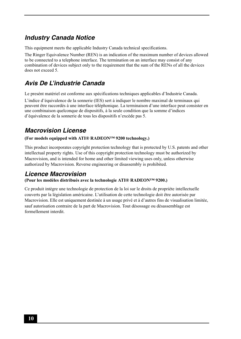 Industry canada notice, Avis de l’industrie canada, Macrovision license | Licence macrovision | Sony PCV-RS710 User Manual | Page 10 / 44