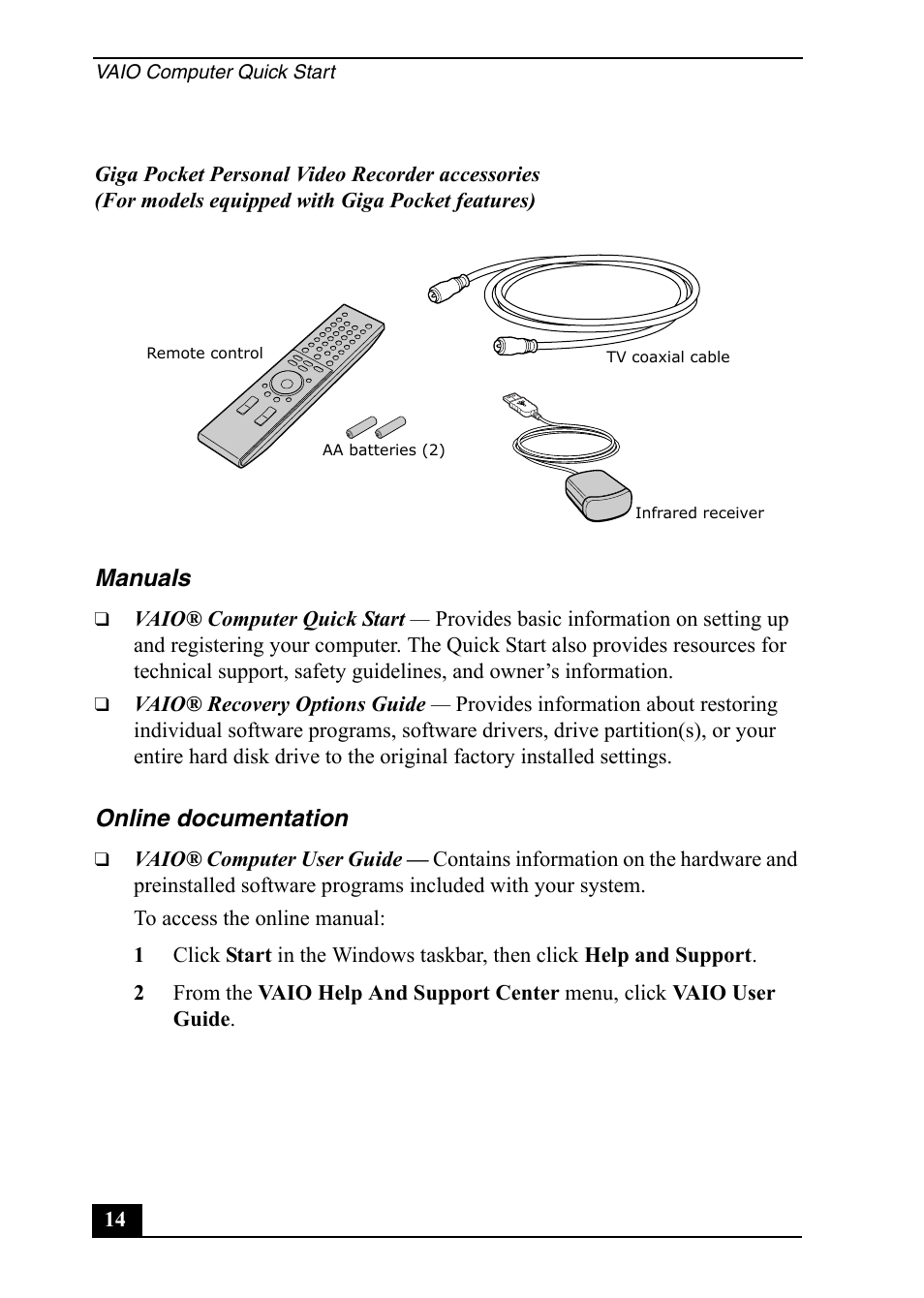Manuals, Online documentation | Sony PCV-RS710 User Manual | Page 14 / 44